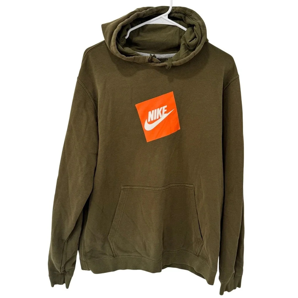 Nike Hoodie Mens Large Olive Green Orange Box Logo Pullover Gorpcore Streetwear